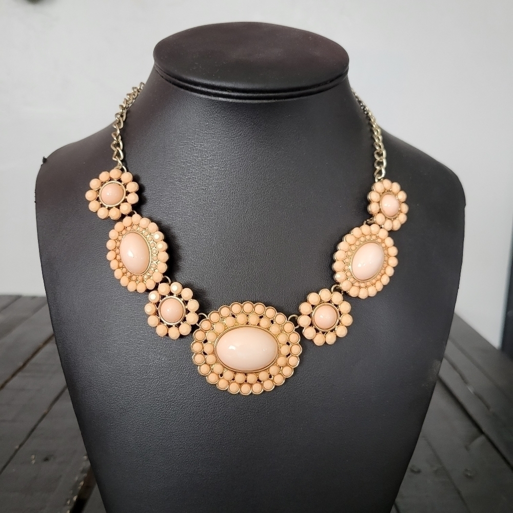 Peach and Gold Statement Necklace Bloom Cabochon Floral Women's Jewelry